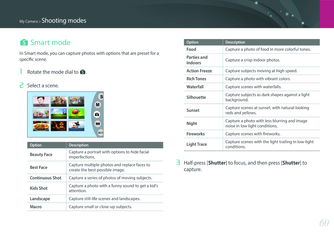 Samsung NX3000 user manual Smart mode, Rotate the mode dial to s Select a scene 