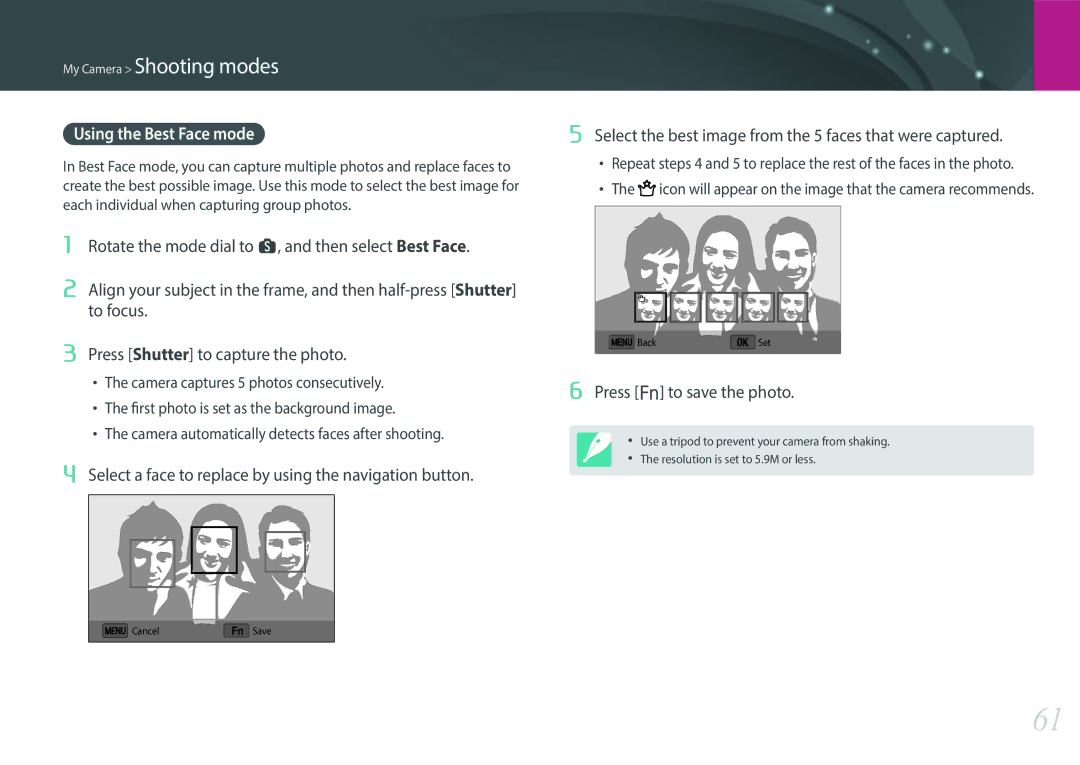 Samsung NX3000 user manual Using the Best Face mode, Press f to save the photo 