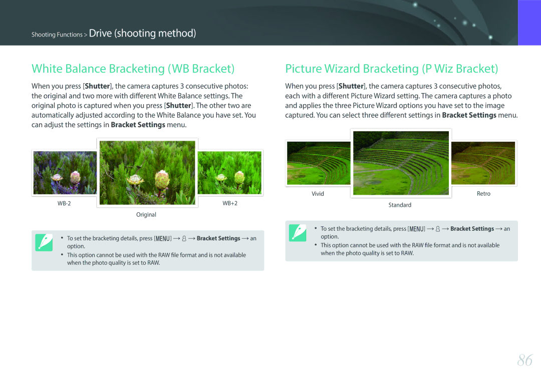 Samsung NX3000 user manual White Balance Bracketing WB Bracket, Picture Wizard Bracketing P Wiz Bracket 