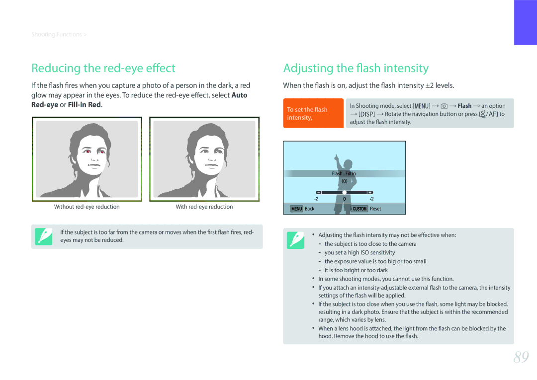 Samsung NX3000 user manual Reducing the red-eye effect, Adjusting the flash intensity 