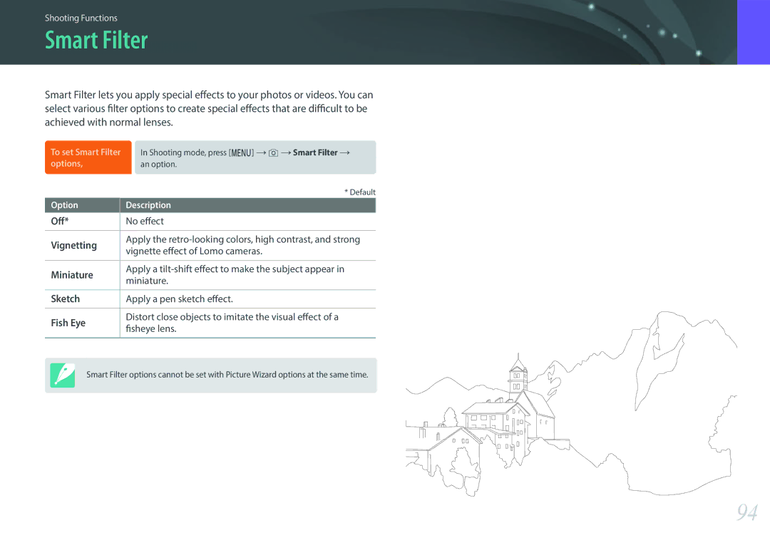 Samsung NX3000 user manual Smart Filter, Off, Vignetting, Miniature, Fish Eye 