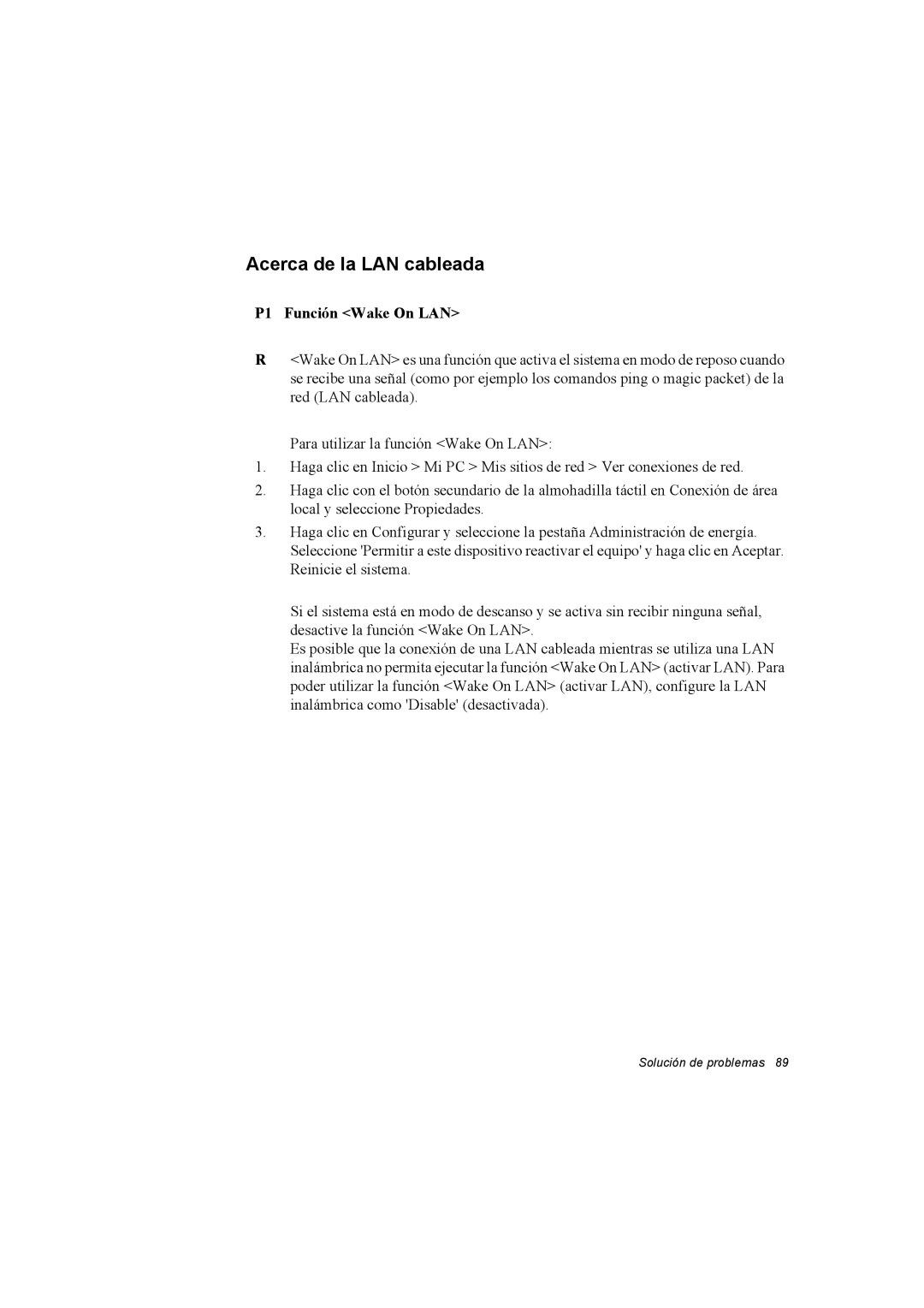 Samsung NX30RH1PDU/SES, NX30PRC001/SES, NX30PRC000/SES manual Acerca de la LAN cableada, P1 Función Wake On LAN 