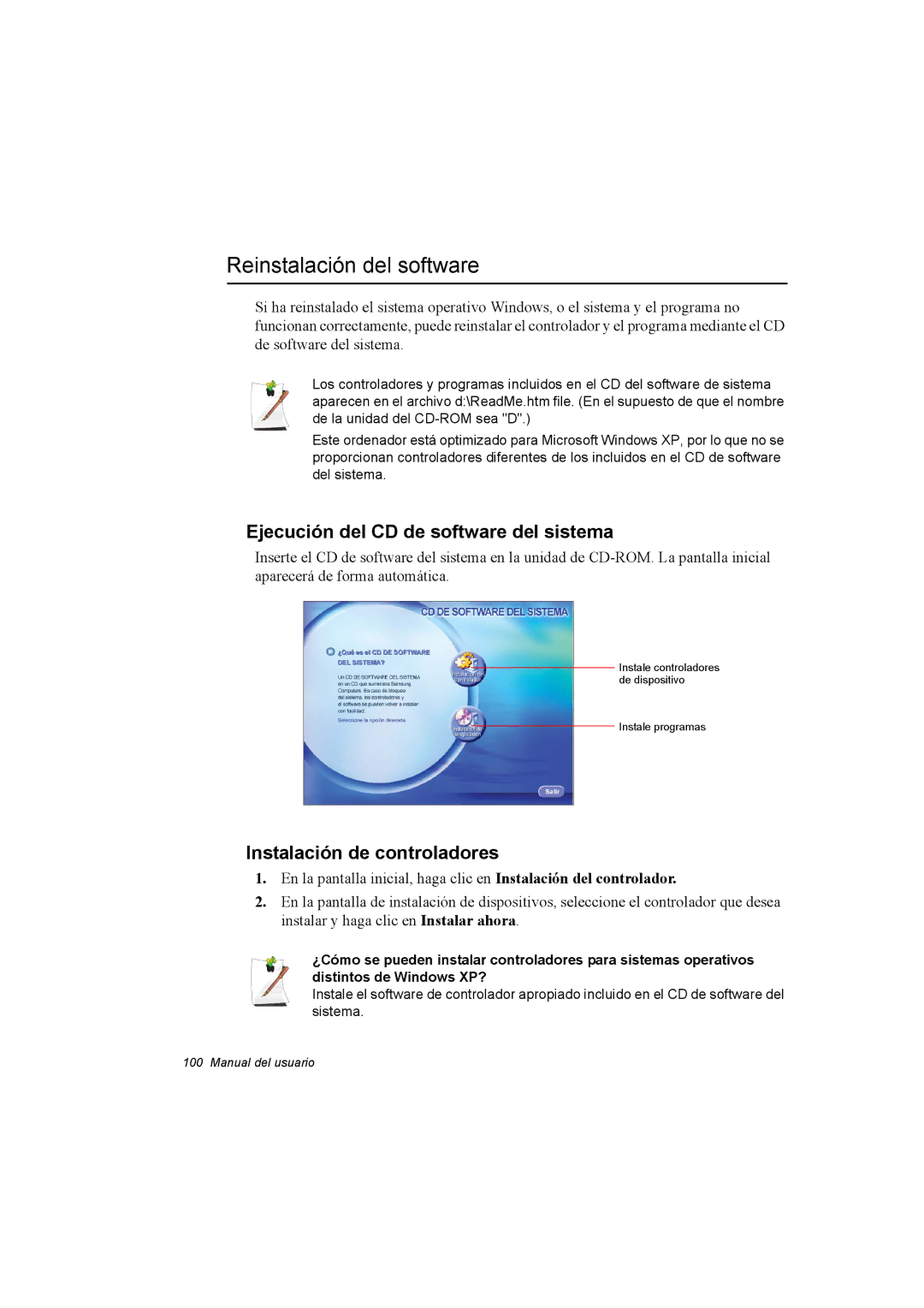 Samsung NX30PRC000/SES Reinstalación del software, Ejecución del CD de software del sistema, Instalación de controladores 