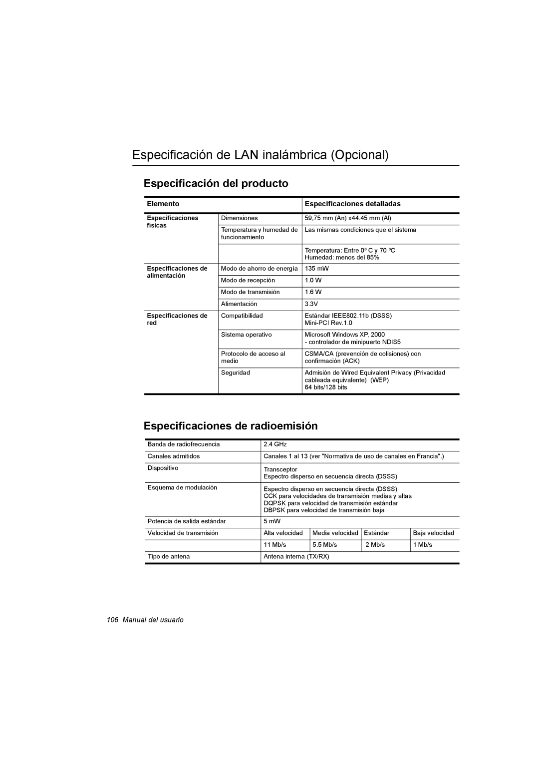 Samsung NX30PRC000/SES, NX30RH1PDU/SES manual Especificación de LAN inalámbrica Opcional, Especificación del producto 