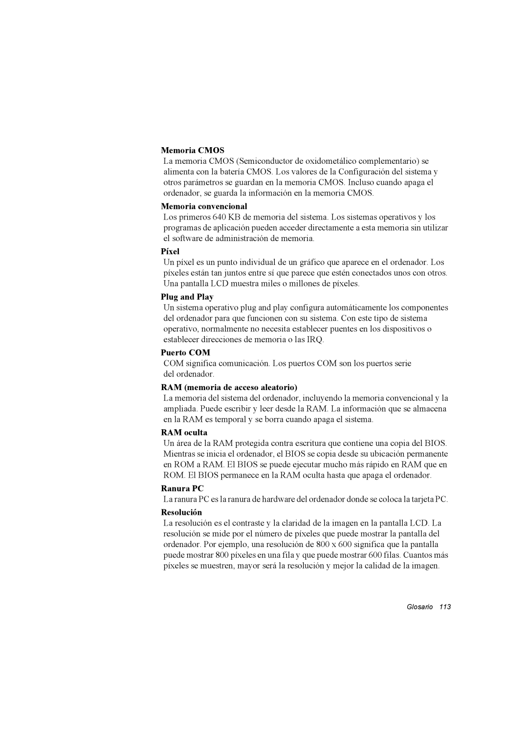 Samsung NX30RH1PDU/SES manual Memoria Cmos, Memoria convencional, Píxel, Plug and Play, Puerto COM, RAM oculta, Ranura PC 