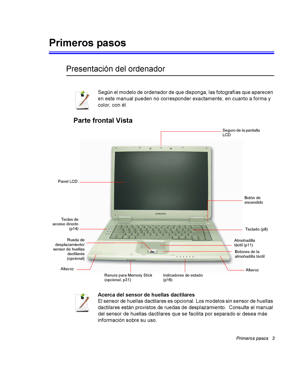 Samsung NX30PRC001/SES, NX30RH1PDU/SES, NX30PRC000/SES manual Primeros pasos, Presentación del ordenador, Parte frontal Vista 