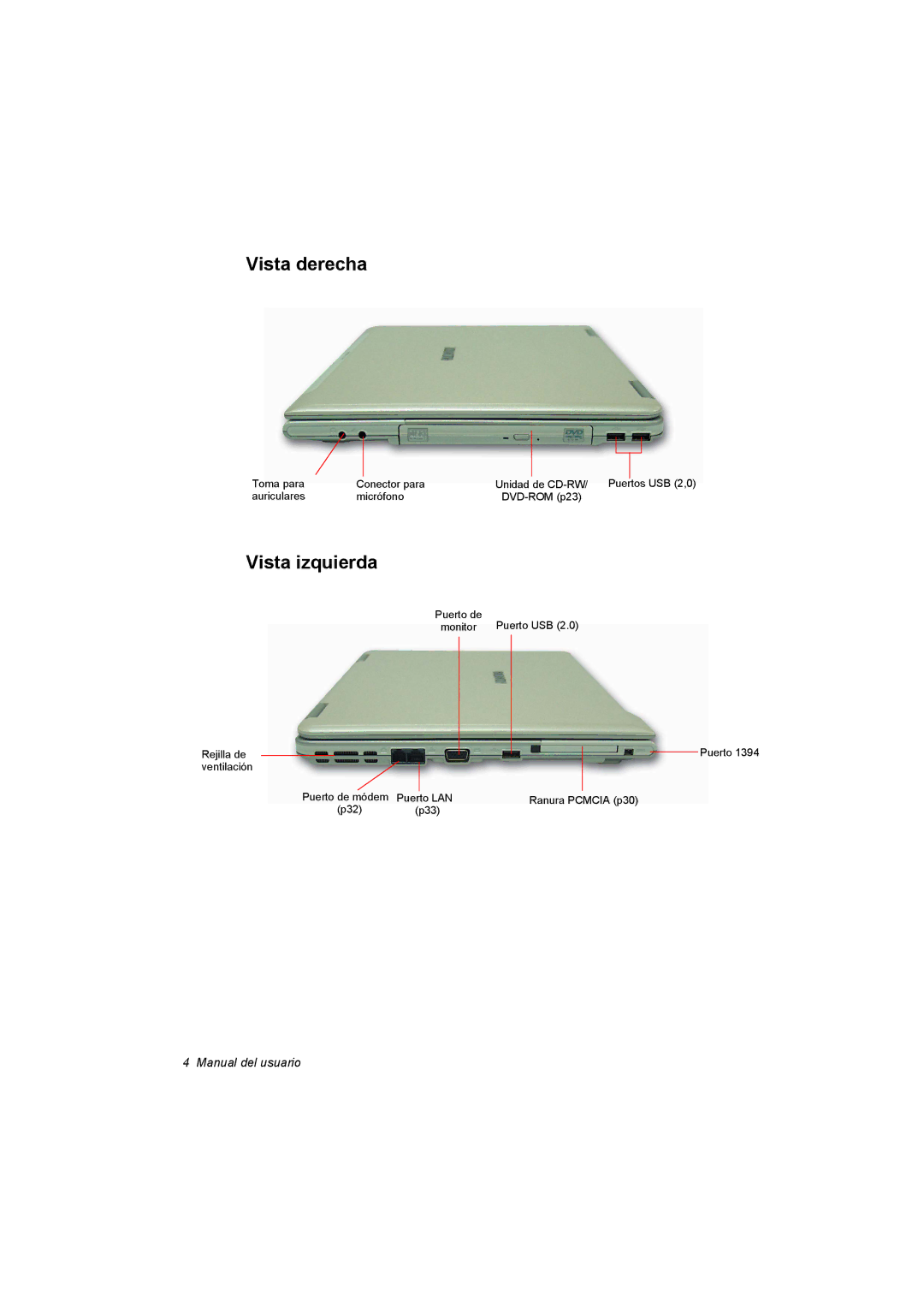 Samsung NX30PRC000/SES, NX30RH1PDU/SES, NX30PRC001/SES manual Vista derecha, Vista izquierda 