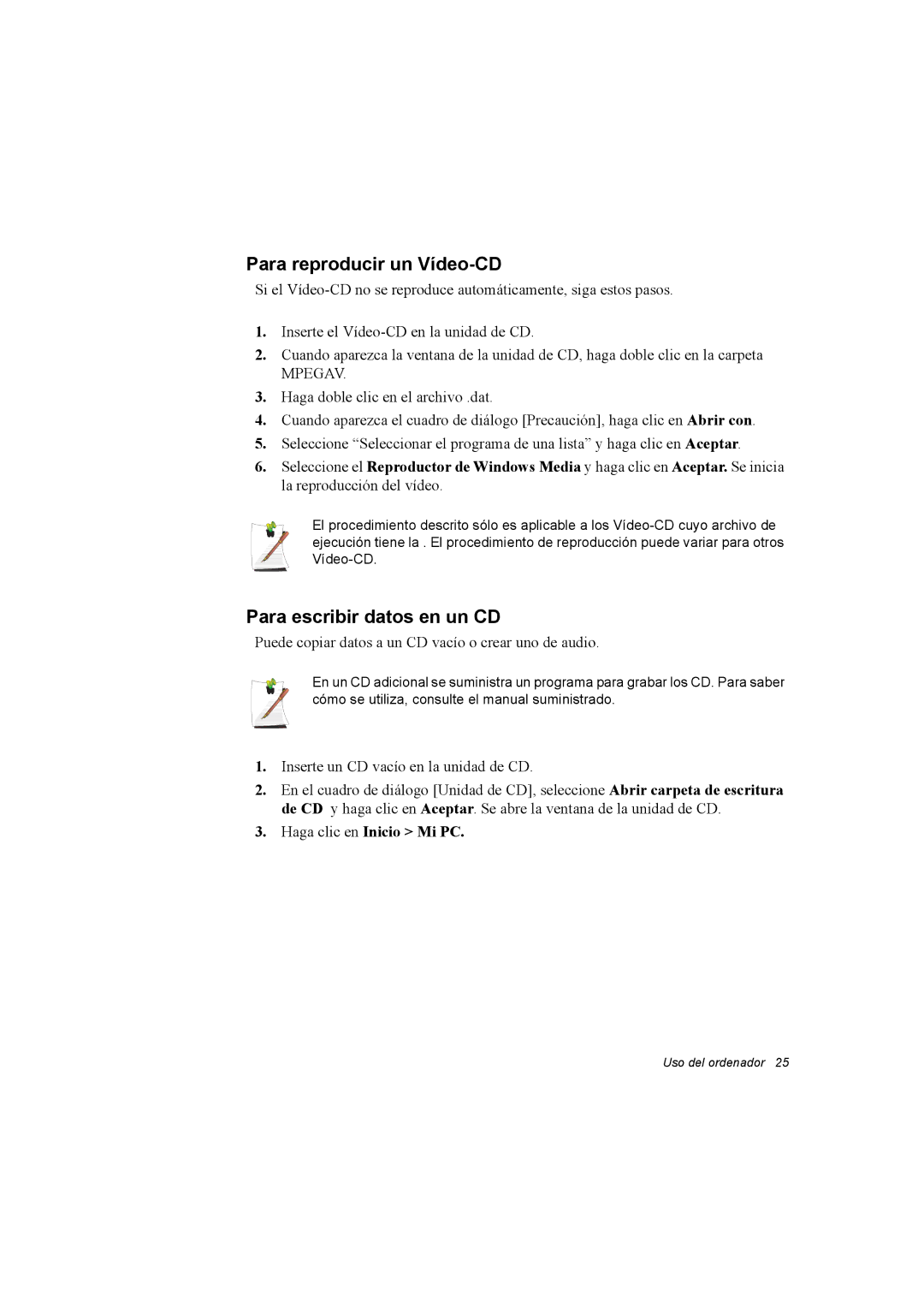 Samsung NX30PRC000/SES, NX30RH1PDU/SES, NX30PRC001/SES manual Para reproducir un Vídeo-CD, Para escribir datos en un CD 