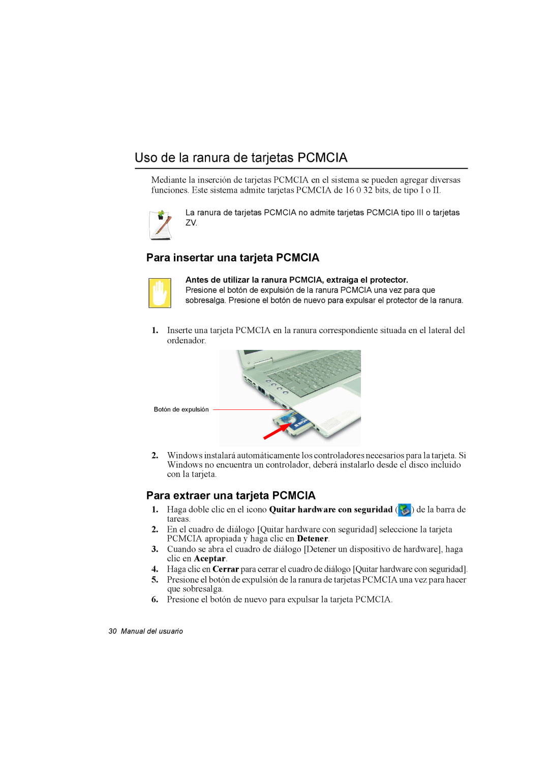 Samsung NX30PRC001/SES, NX30RH1PDU/SES manual Uso de la ranura de tarjetas Pcmcia, Para insertar una tarjeta Pcmcia 