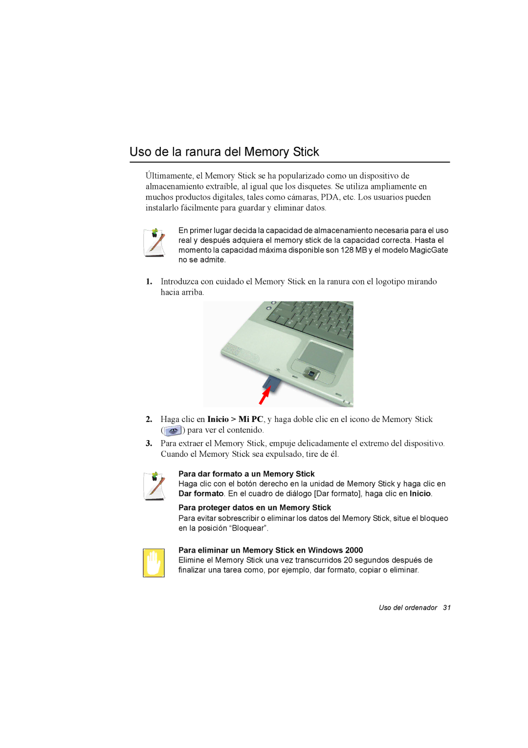 Samsung NX30PRC000/SES, NX30RH1PDU/SES manual Uso de la ranura del Memory Stick, Para dar formato a un Memory Stick 