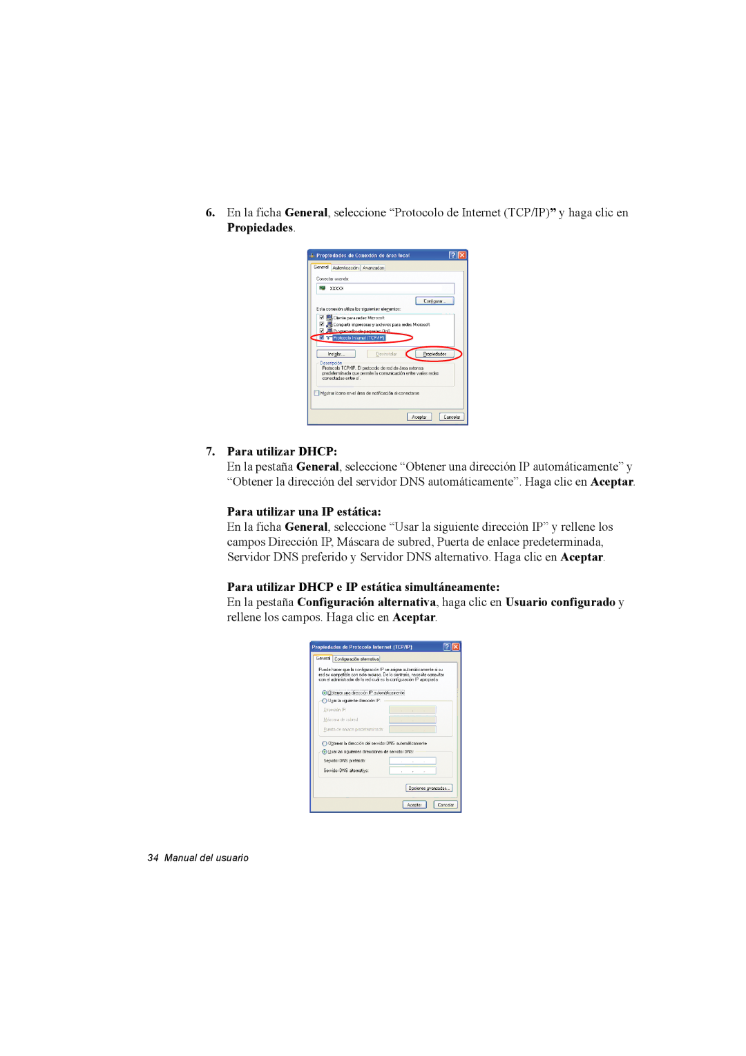 Samsung NX30PRC000/SES, NX30RH1PDU/SES, NX30PRC001/SES manual Para utilizar Dhcp, Para utilizar una IP estática 