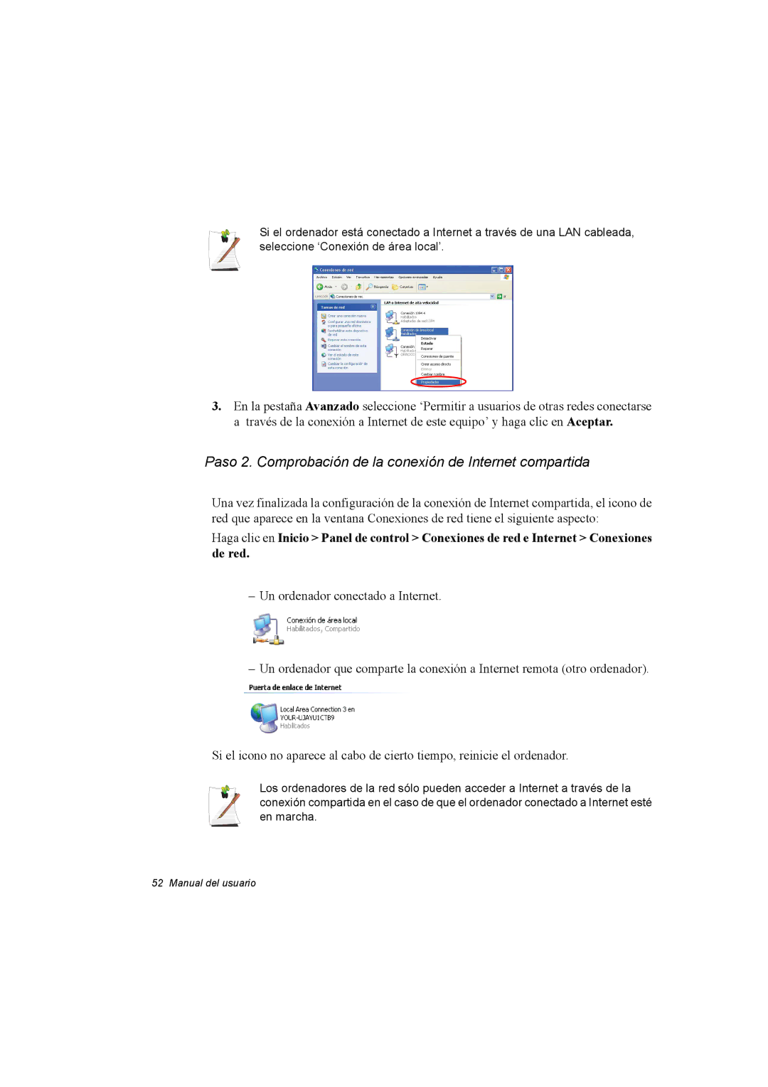 Samsung NX30PRC000/SES, NX30RH1PDU/SES, NX30PRC001/SES manual Paso 2. Comprobación de la conexión de Internet compartida 