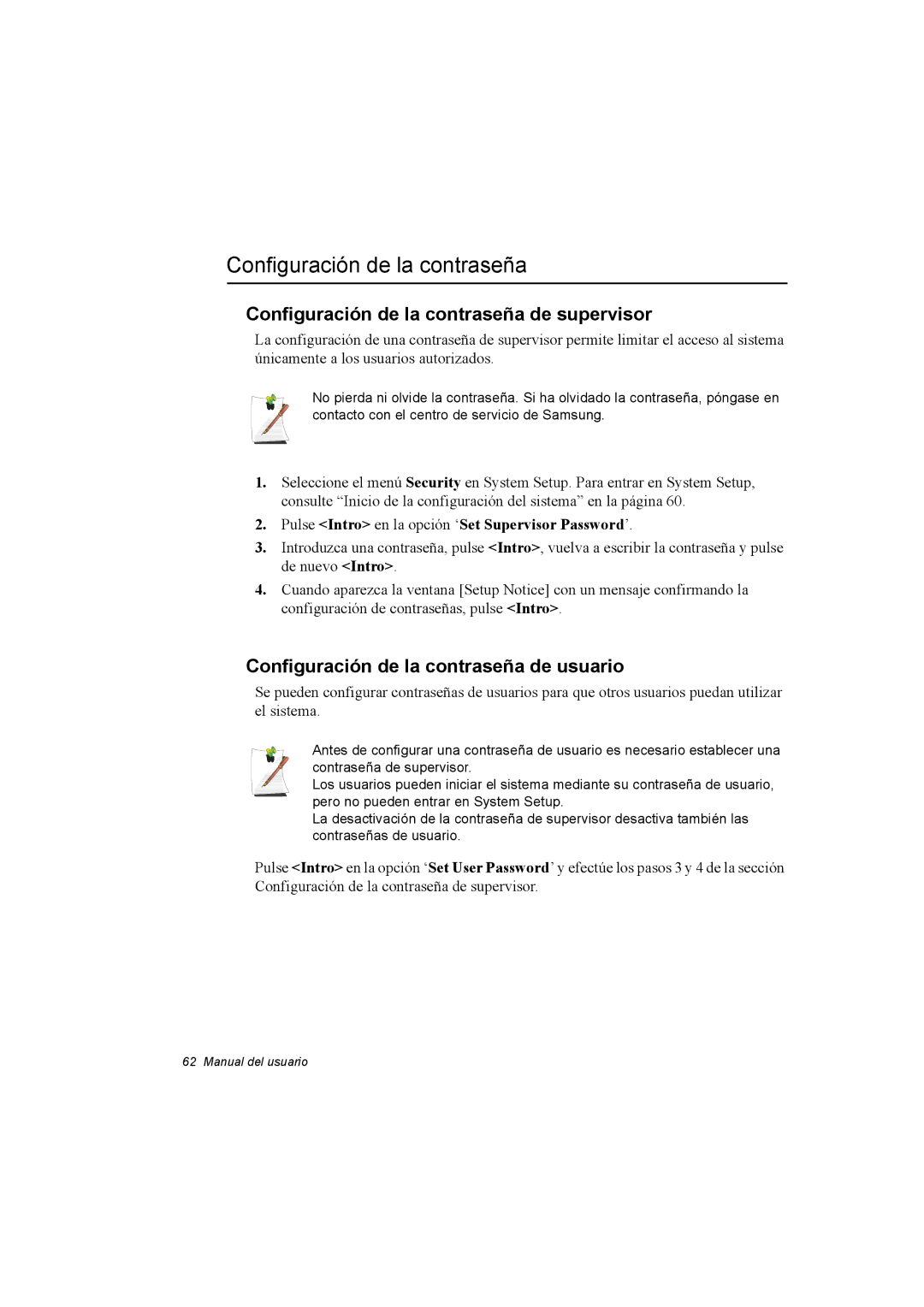 Samsung NX30RH1PDU/SES manual Configuración de la contraseña de supervisor, Configuración de la contraseña de usuario 