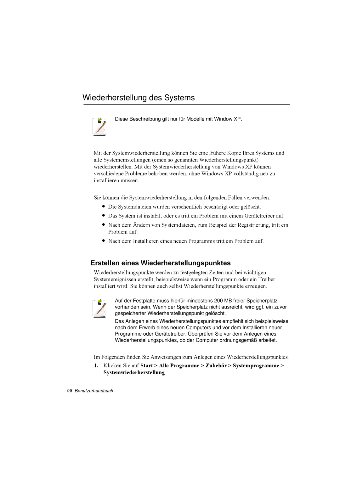 Samsung NX30TP5CGA/SEG, NX30RP13GW/SEG manual Wiederherstellung des Systems, Erstellen eines Wiederherstellungspunktes 