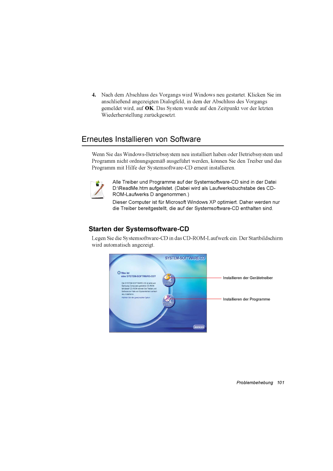 Samsung NX30PRT001/SEG, NX30RP13GW/SEG, NX30TP5CGA/SEG Erneutes Installieren von Software, Starten der Systemsoftware-CD 