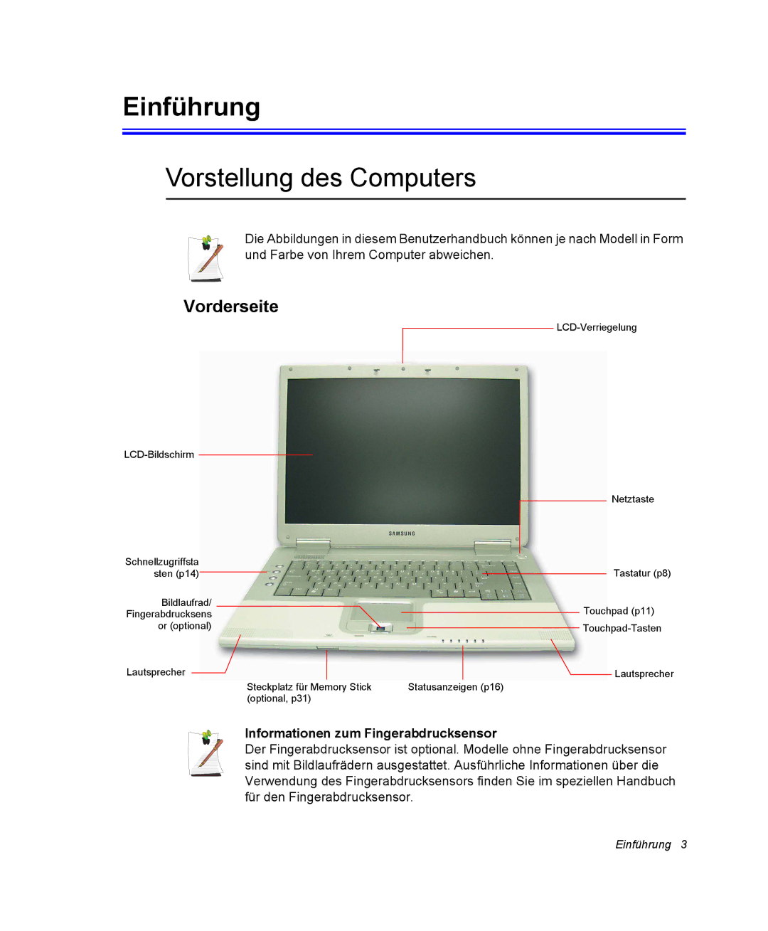 Samsung NX30TP5CGA/SEG, NX30RP13GW/SEG, NX30RP0ZXY/SEG manual Einführung, Vorderseite, Informationen zum Fingerabdrucksensor 