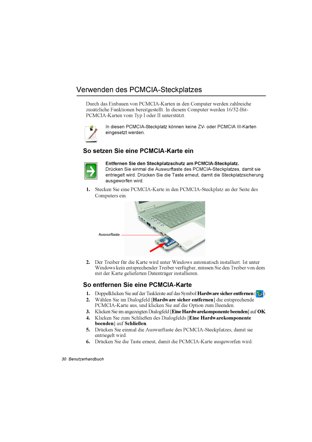 Samsung NX30PRT000/SEG, NX30RP13GW/SEG manual Verwenden des PCMCIA-Steckplatzes, So setzen Sie eine PCMCIA-Karte ein 