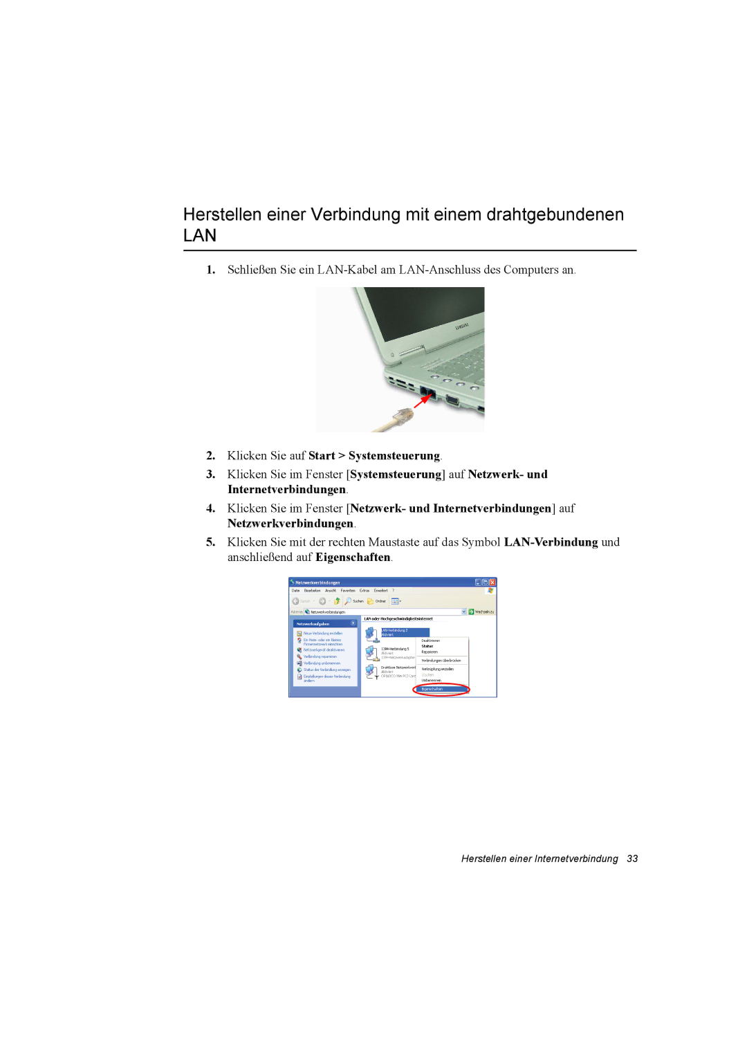 Samsung NX30TP5CGA/SEG manual Herstellen einer Verbindung mit einem drahtgebundenen, Klicken Sie auf Start Systemsteuerung 