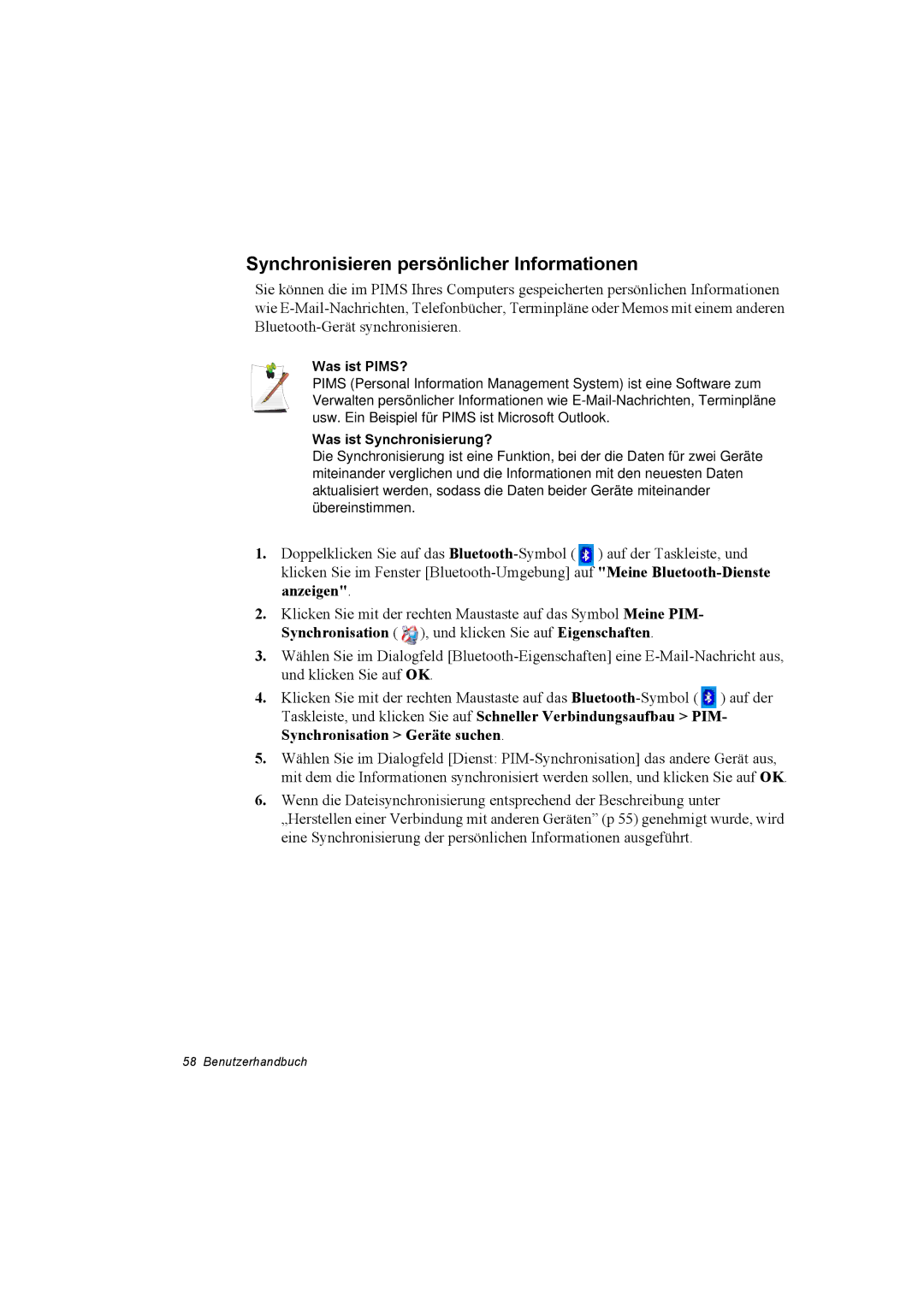 Samsung NX30TP5CGA/SEG manual Synchronisieren persönlicher Informationen, Was ist PIMS?, Was ist Synchronisierung? 