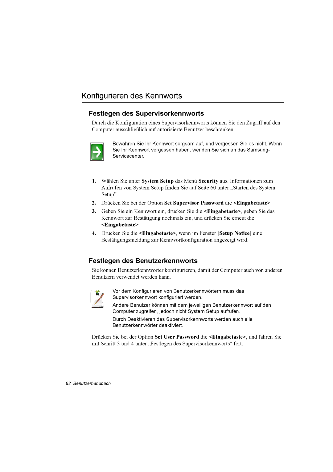 Samsung NX30RP13GW/SEG Konfigurieren des Kennworts, Festlegen des Supervisorkennworts, Festlegen des Benutzerkennworts 