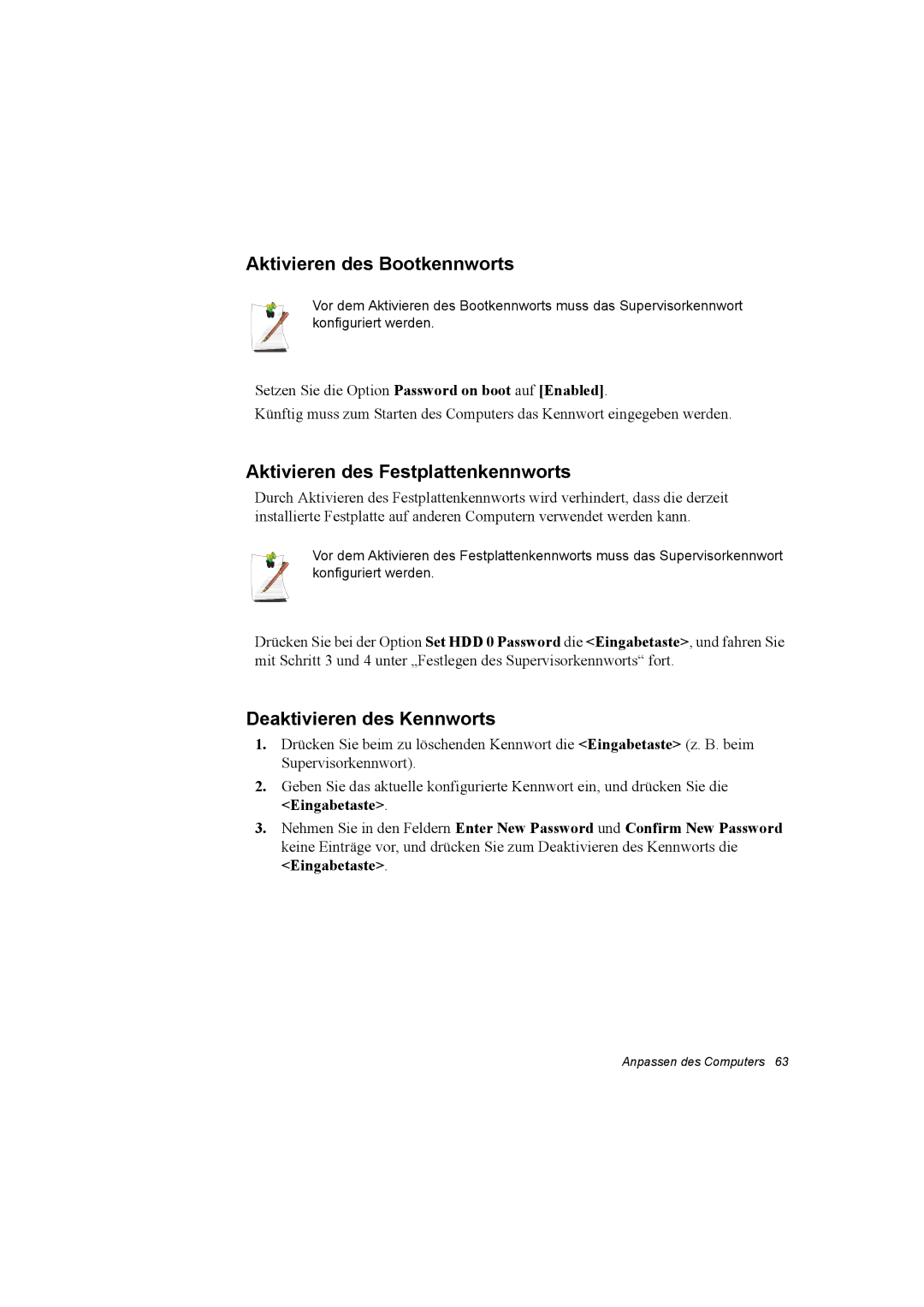 Samsung NX30TP5CGA/SEG manual Aktivieren des Bootkennworts, Aktivieren des Festplattenkennworts, Deaktivieren des Kennworts 