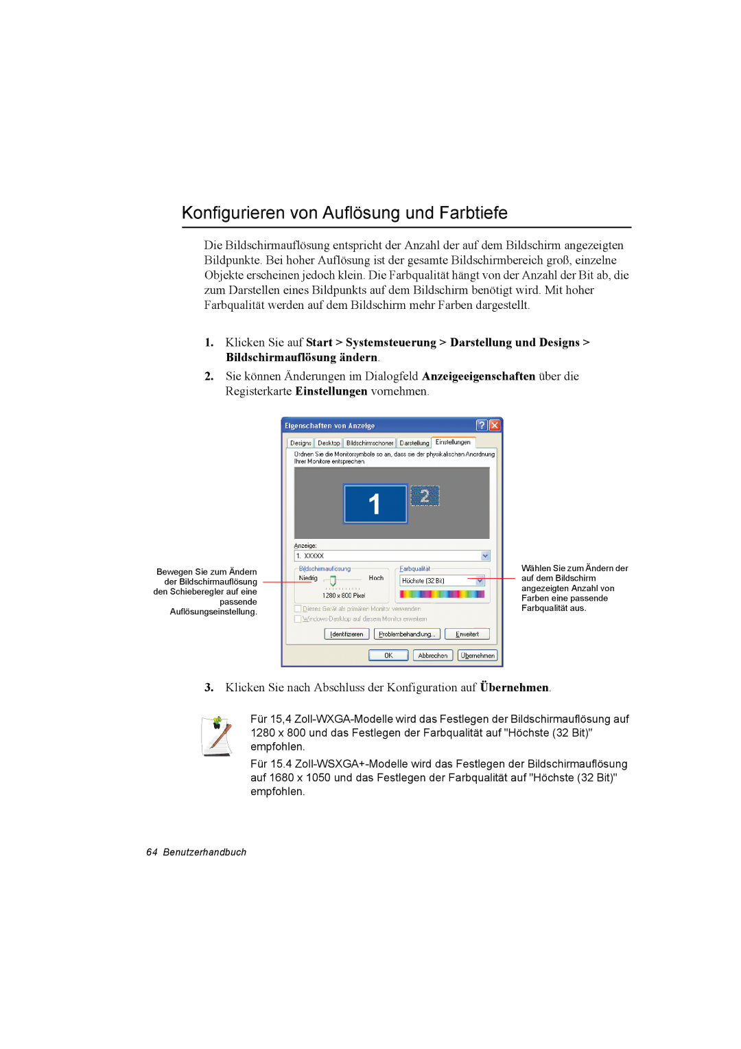 Samsung NX30RP0ZXY/SEG, NX30RP13GW/SEG, NX30TP5CGA/SEG, NX30PRT000/SEG manual Konfigurieren von Auflösung und Farbtiefe 