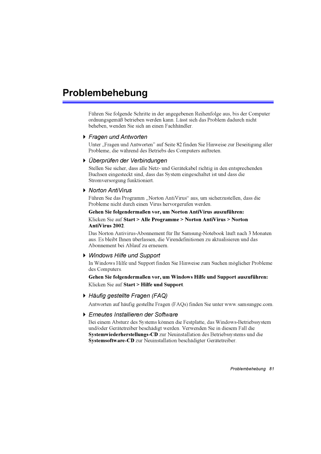 Samsung NX30PRT001/SEG manual Problembehebung, Fragen und Antworten, Überprüfen der Verbindungen, Norton AntiVirus 