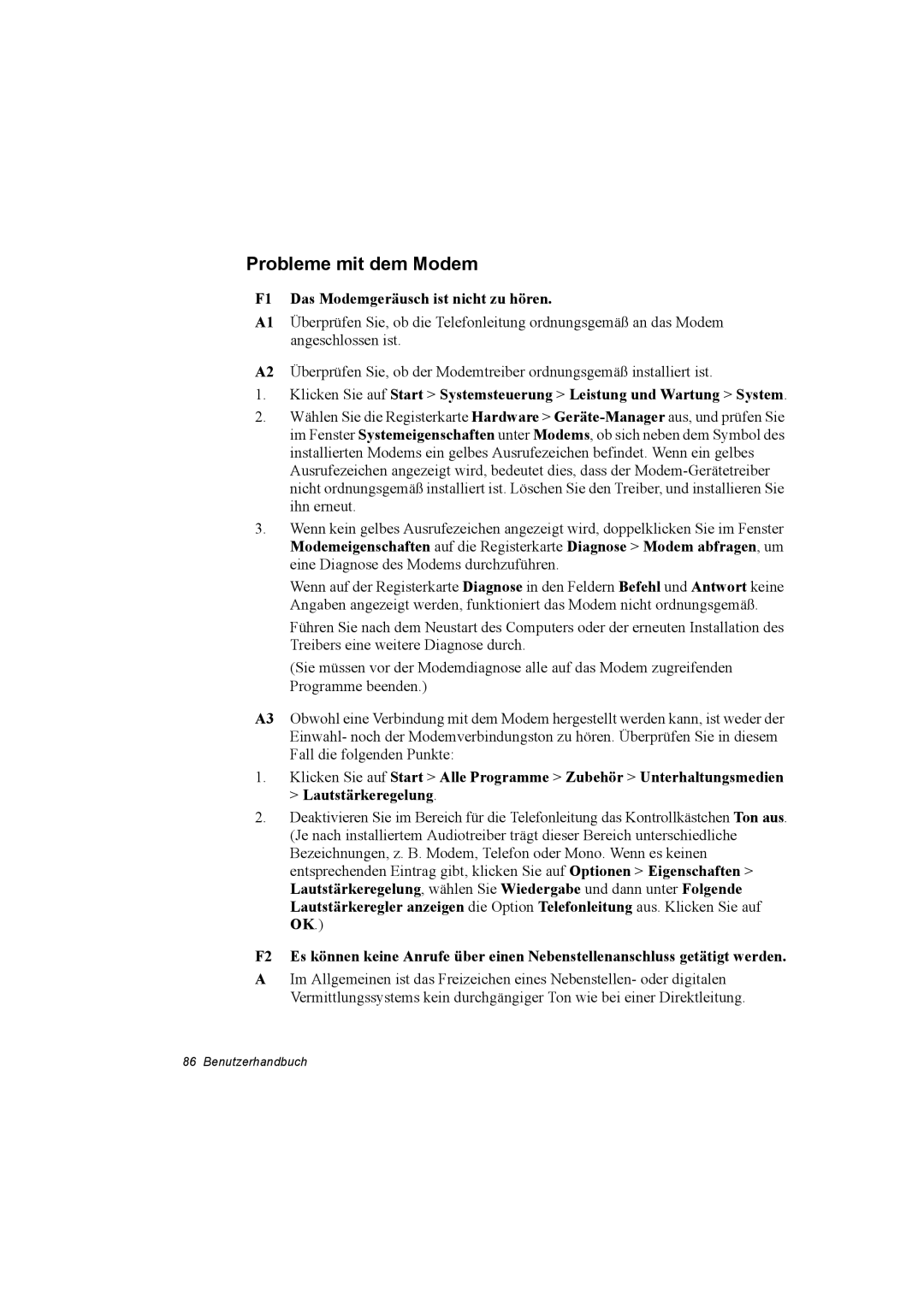 Samsung NX30PRT001/SEG, NX30RP13GW/SEG, NX30TP5CGA/SEG manual Probleme mit dem Modem, F1 Das Modemgeräusch ist nicht zu hören 