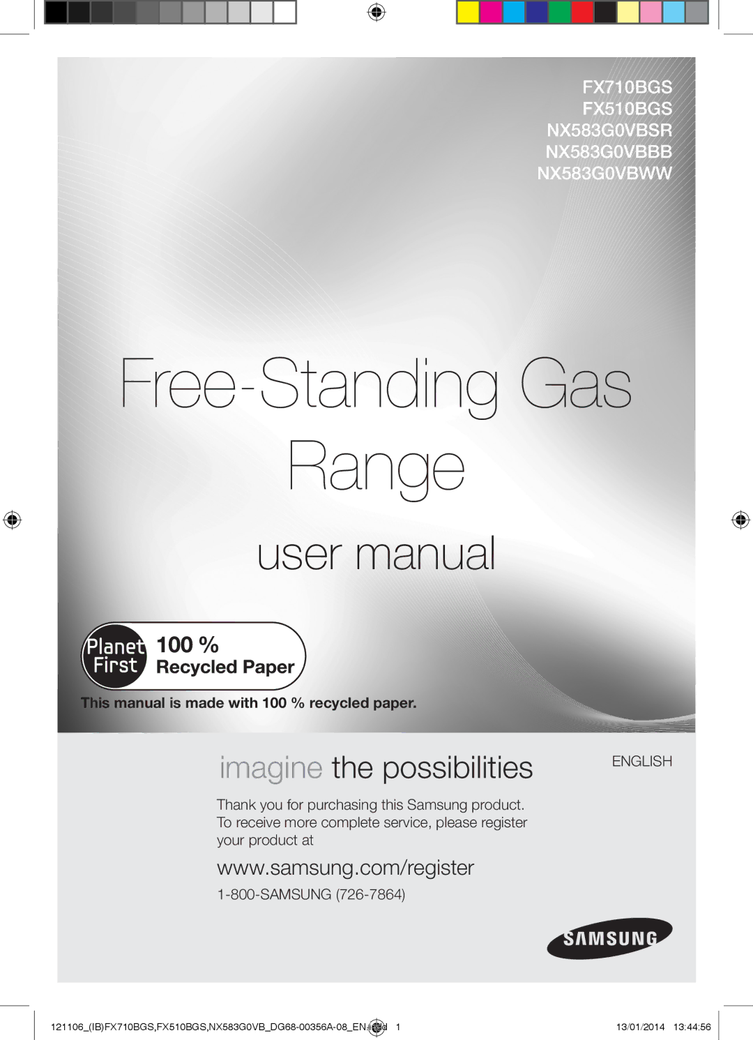 Samsung NX583G0VB user manual Free-Standing Gas Range, English 