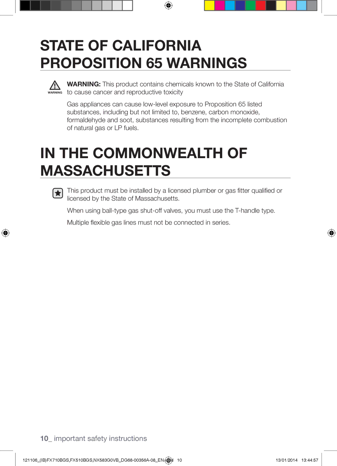 Samsung NX583G0VB user manual Commonwealth of Massachusetts, State of California Proposition 65 Warnings 