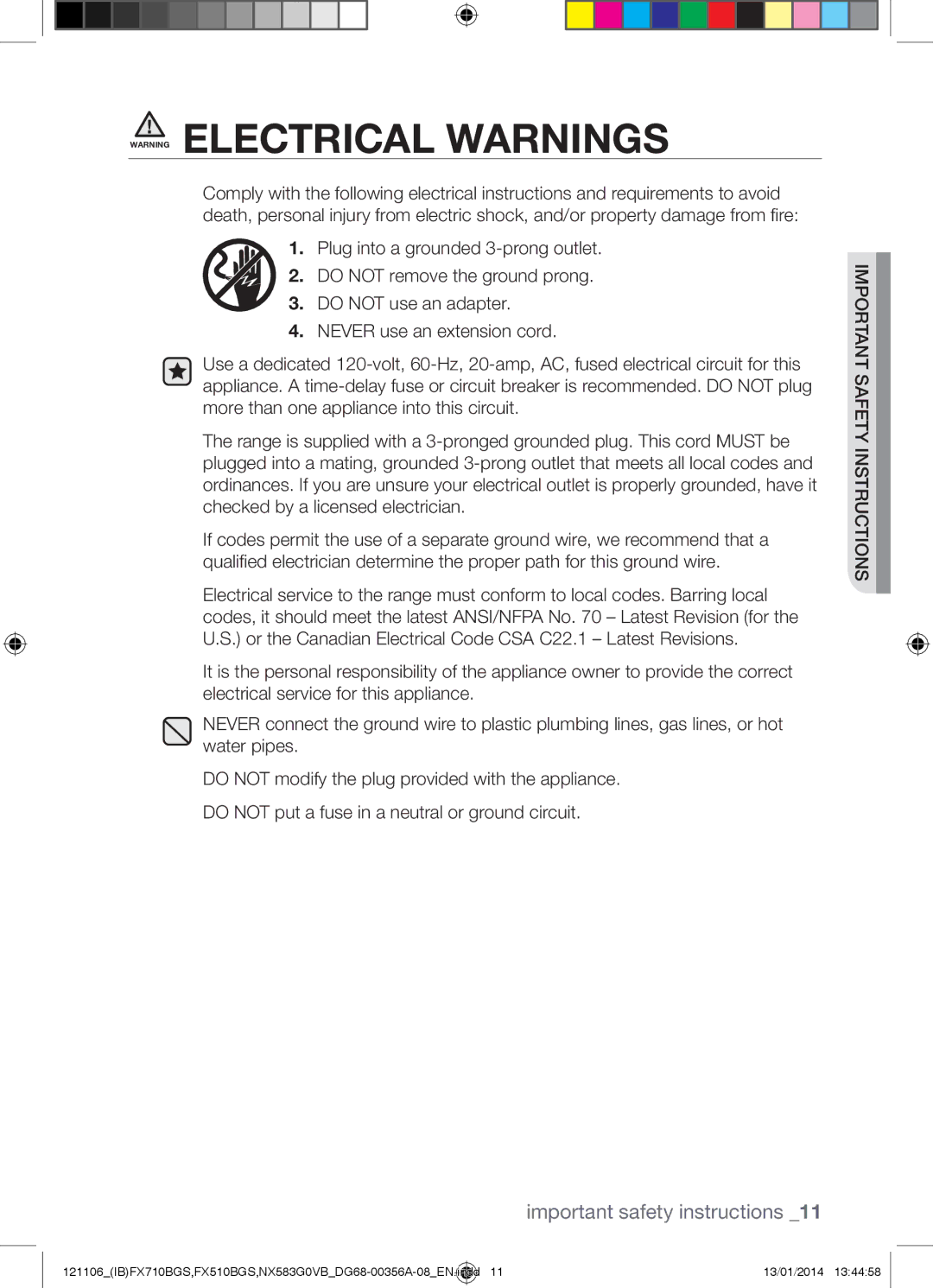 Samsung NX583G0VB user manual Important safety instructions 