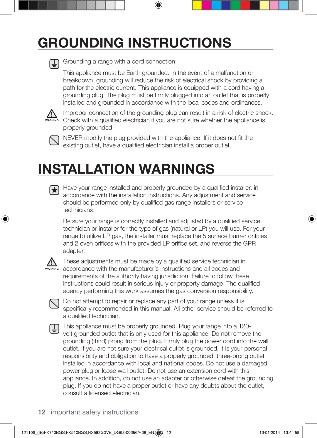 Samsung NX583G0VB user manual Grounding Instructions, Installation Warnings, Grounding a range with a cord connection 