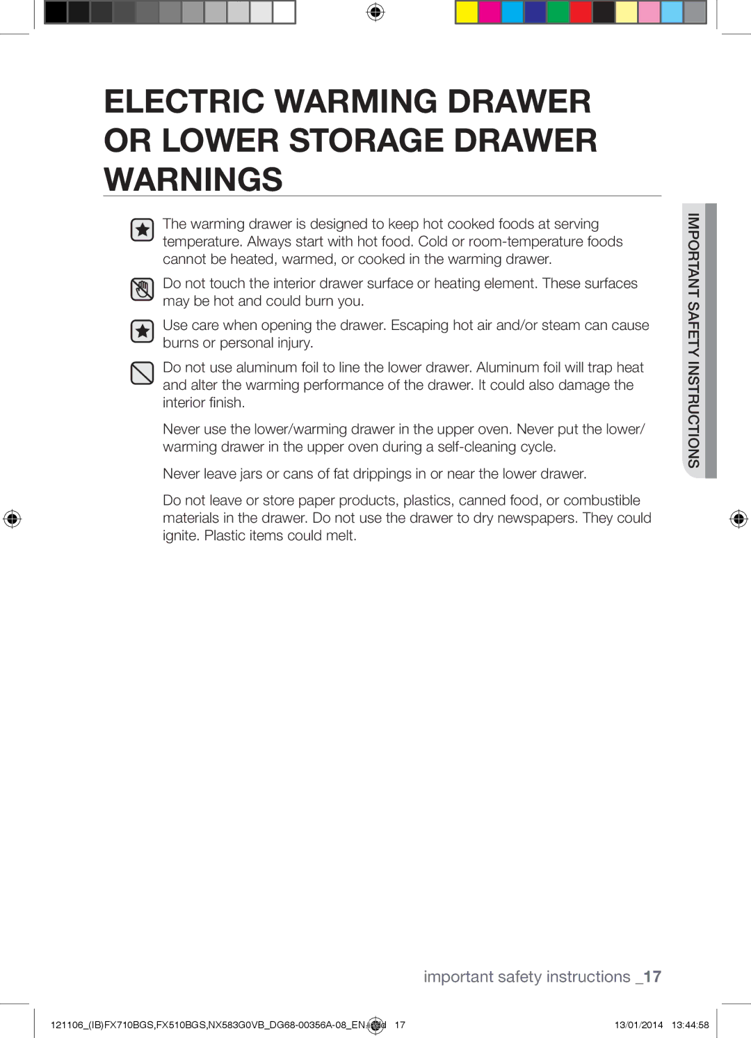 Samsung NX583G0VB user manual Electric Warming Drawer or Lower Storage Drawer Warnings 