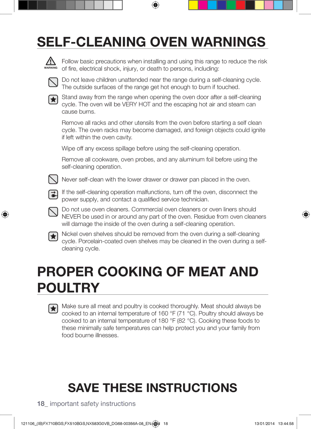 Samsung NX583G0VB user manual SELF-CLEANING Oven Warnings, Proper Cooking of Meat and Poultry 