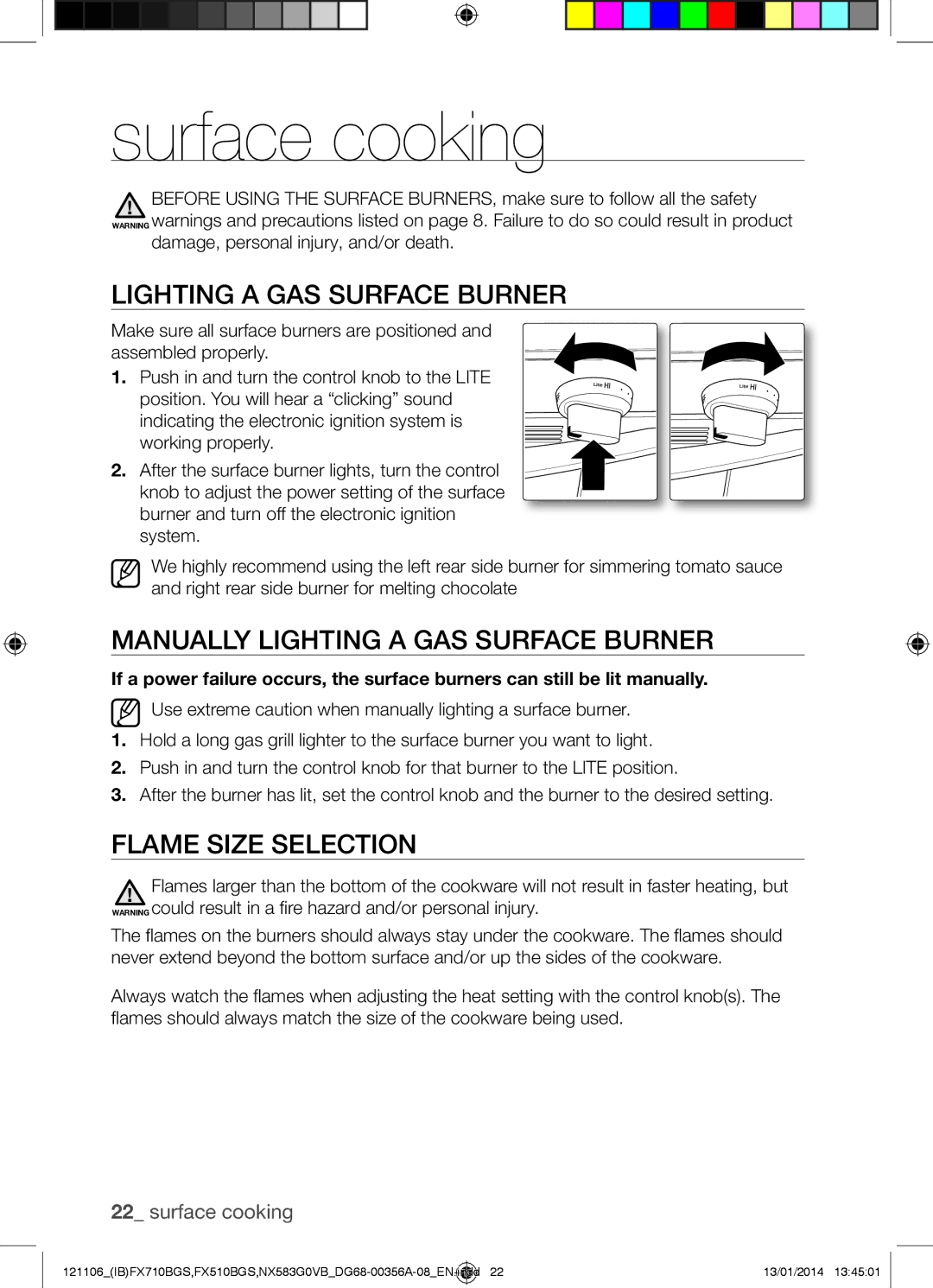 Samsung NX583G0VB user manual Surface cooking, Manually Lighting a GAS Surface Burner, Flame Size Selection 