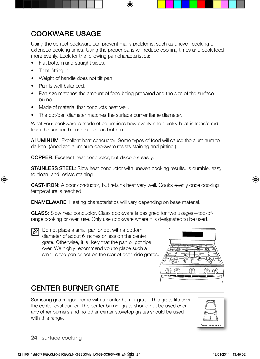 Samsung NX583G0VB user manual Cookware Usage, Center Burner Grate 