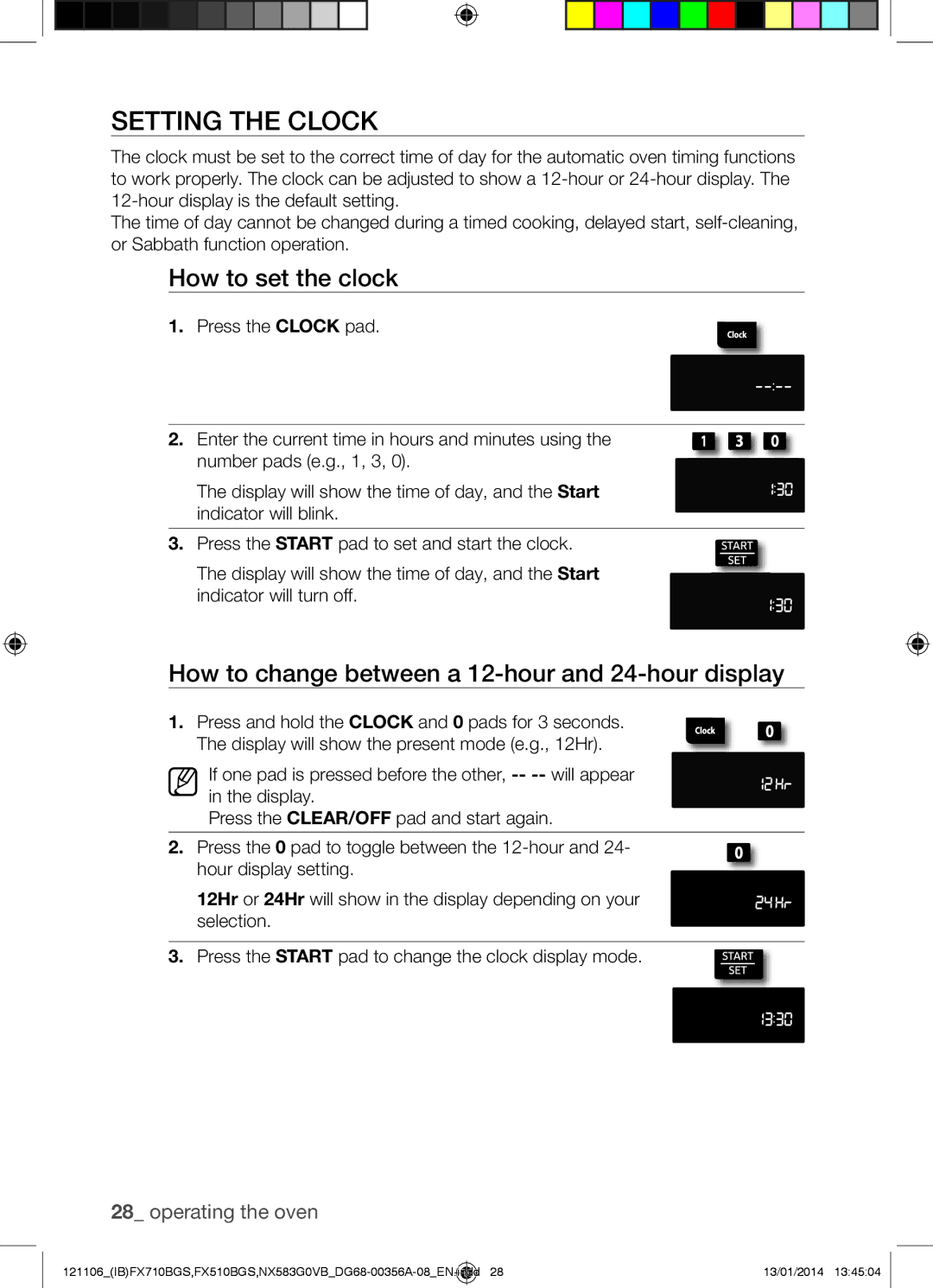 Samsung NX583G0VB user manual Setting the Clock, How to set the clock, How to change between a 12-hour and 24-hour display 