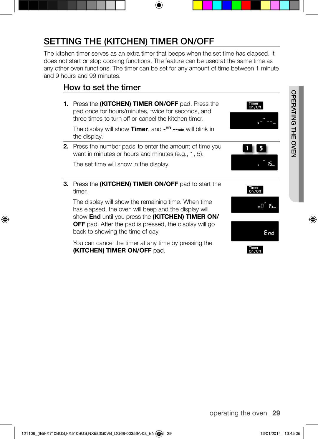 Samsung NX583G0VB user manual Setting the Kitchen Timer ON/OFF, How to set the timer 