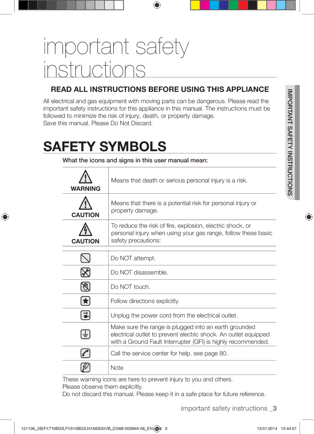 Samsung NX583G0VB user manual Safety Symbols 