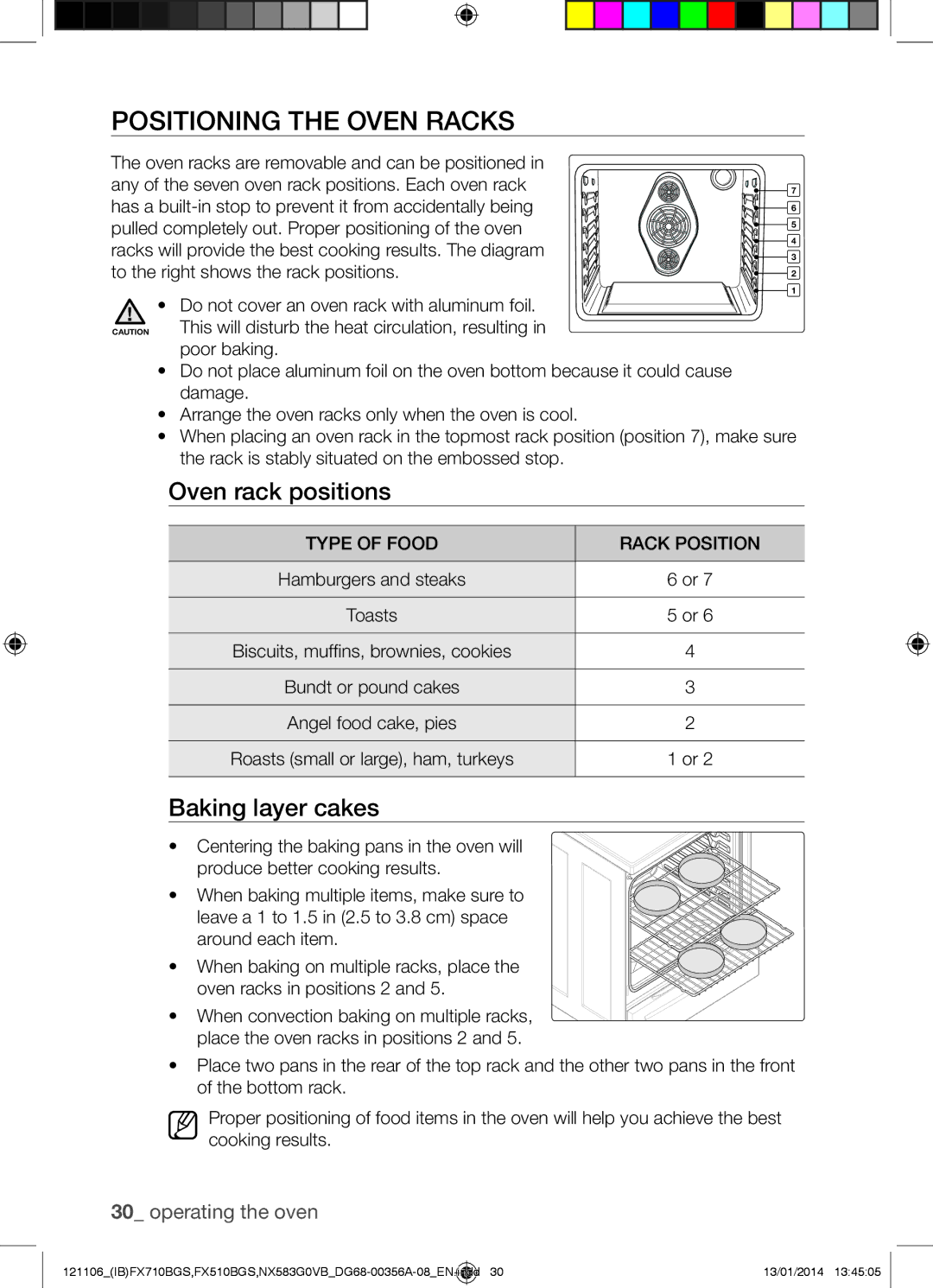 Samsung NX583G0VB Positioning the Oven Racks, Oven rack positions, Baking layer cakes, Type of Food Rack Position 