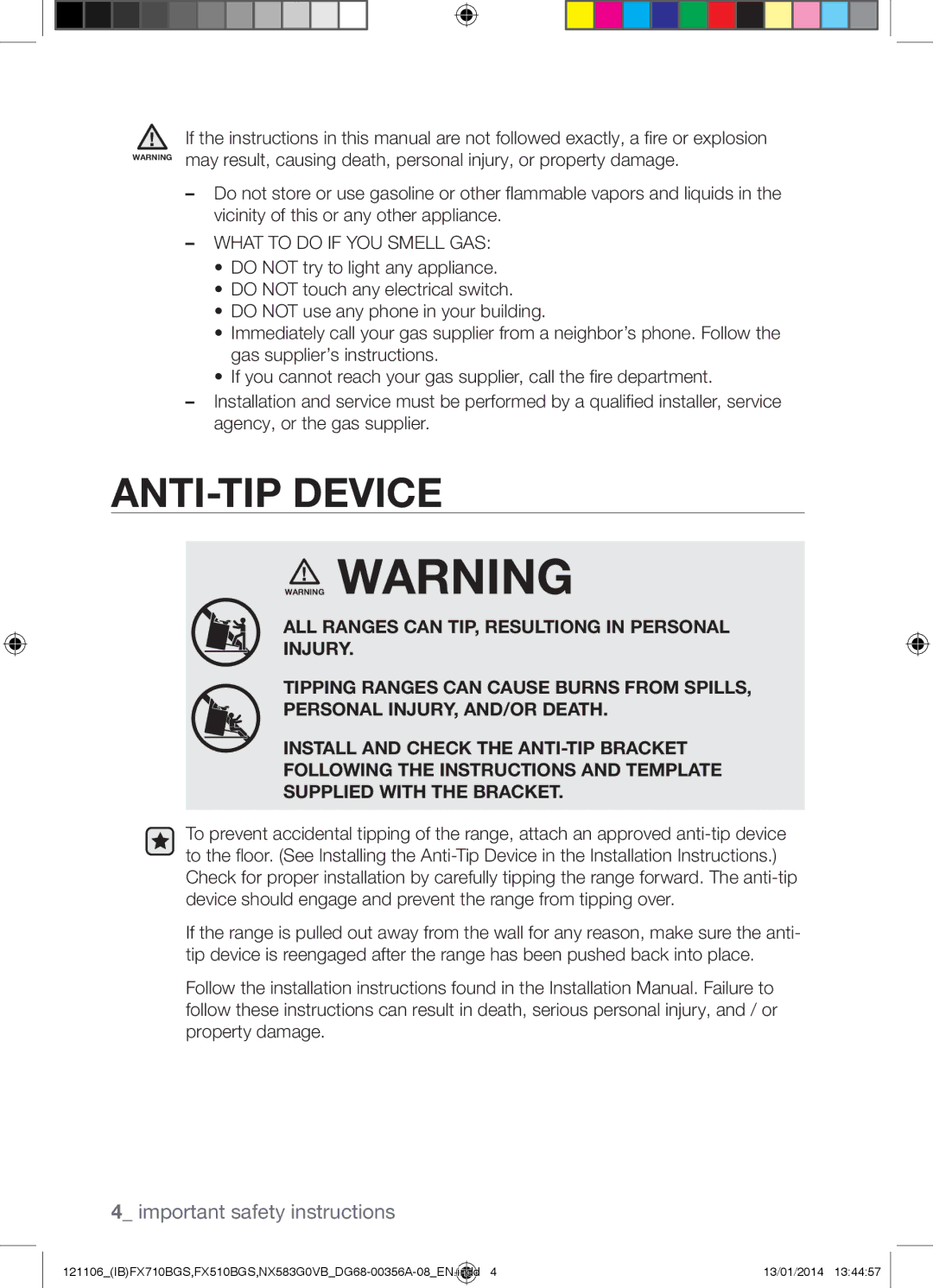 Samsung NX583G0VB user manual ANTI-TIP Device, What to do if YOU Smell GAS 