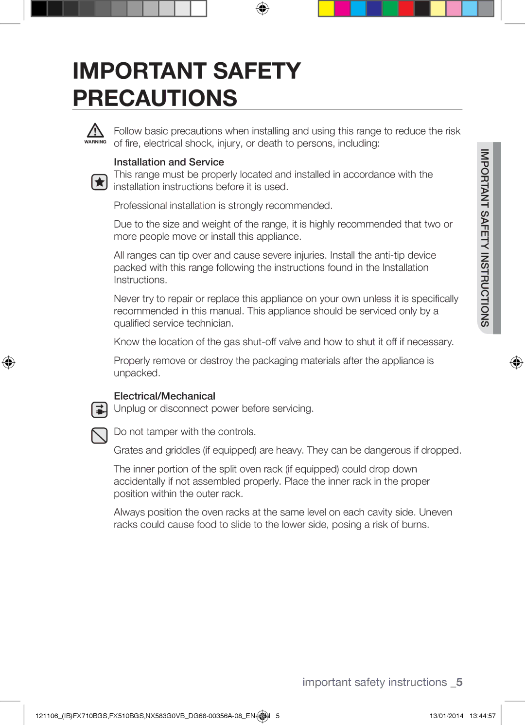 Samsung NX583G0VB user manual Important Safety Precautions 