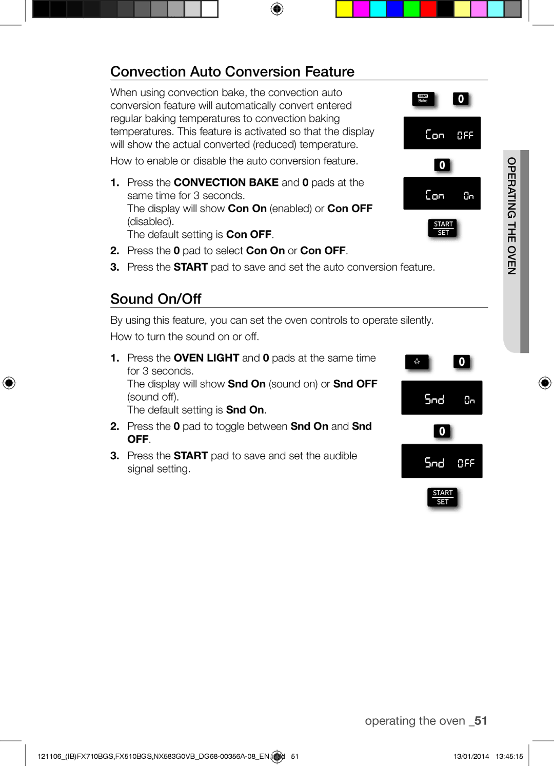 Samsung NX583G0VB user manual Convection Auto Conversion Feature, Sound On/Off 