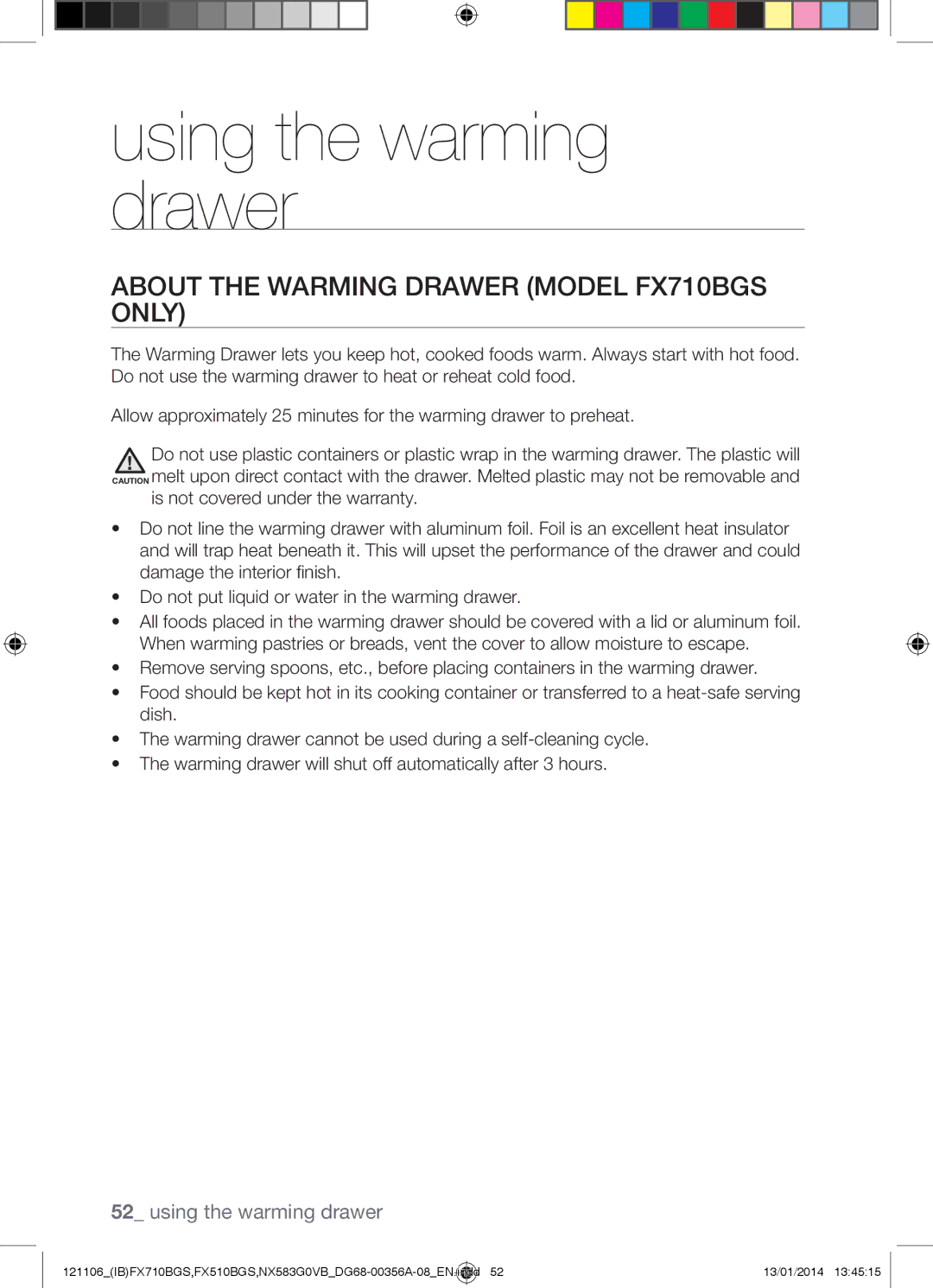 Samsung NX583G0VB user manual Using the warming drawer, About the Warming Drawer Model FX710BGS only 