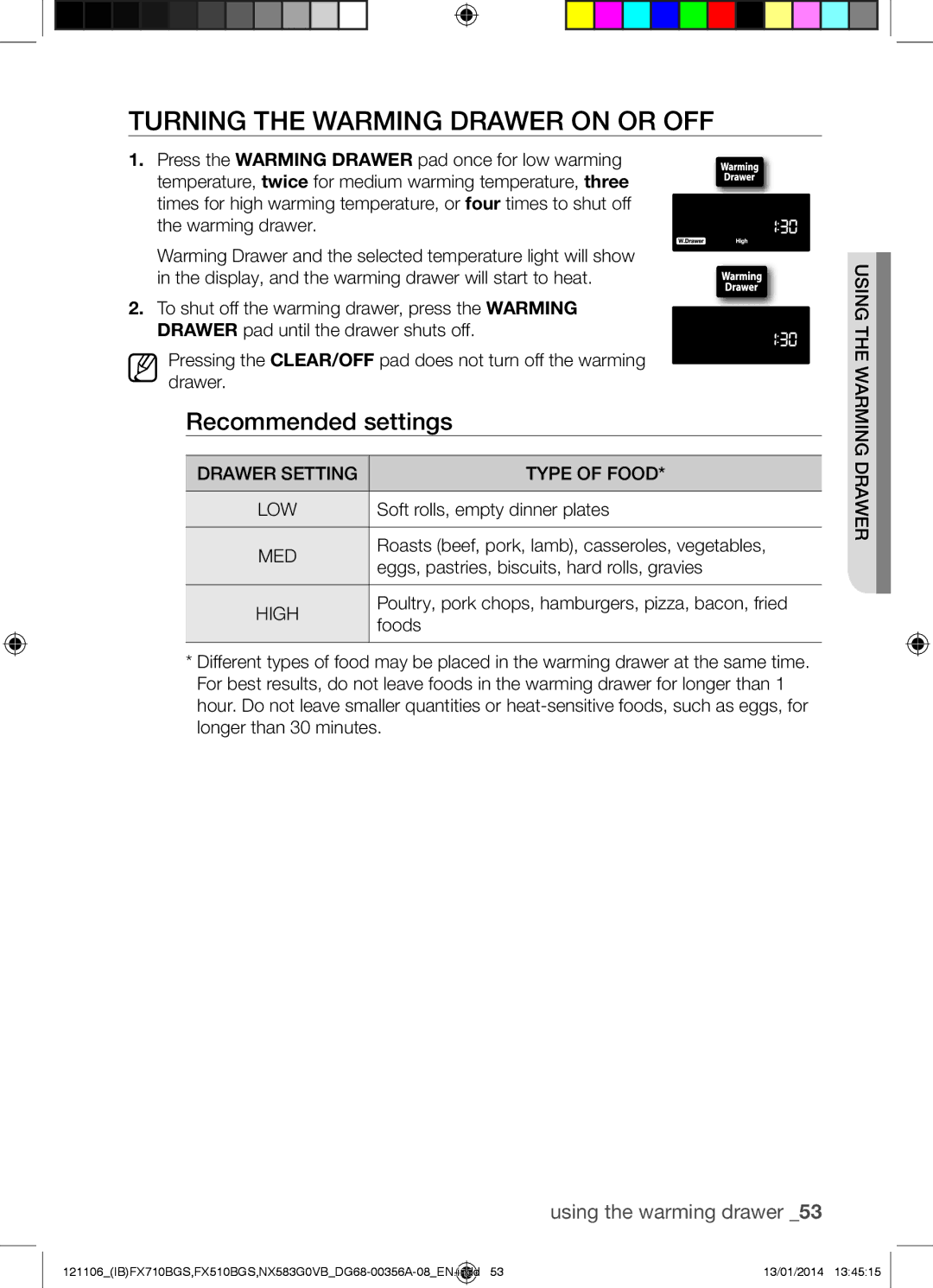 Samsung NX583G0VB user manual Turning the Warming Drawer on or OFF, Recommended settings, Drawer Setting Type of Food, Med 