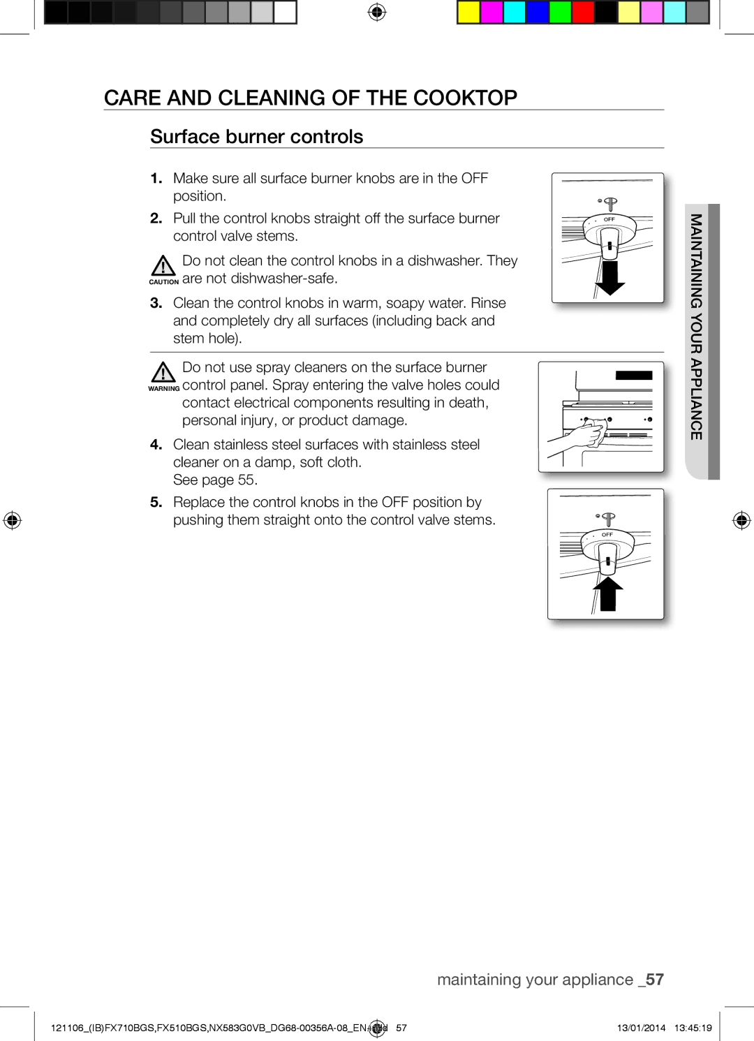 Samsung NX583G0VB user manual Care and Cleaning of the Cooktop, Surface burner controls 