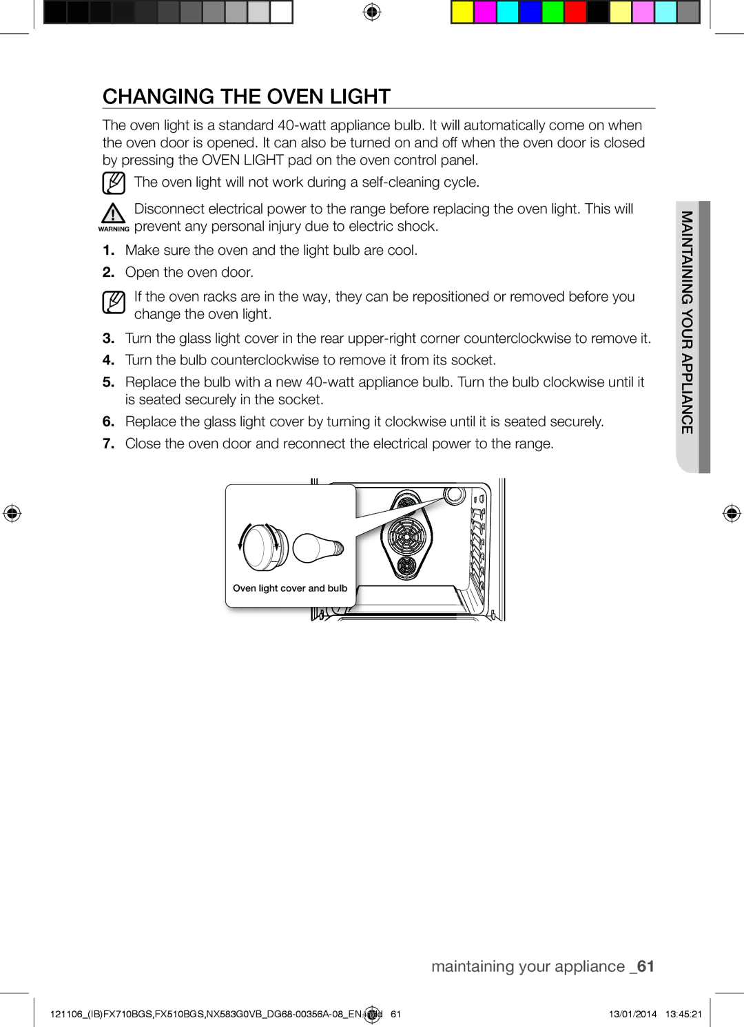 Samsung NX583G0VB user manual Changing the Oven Light 