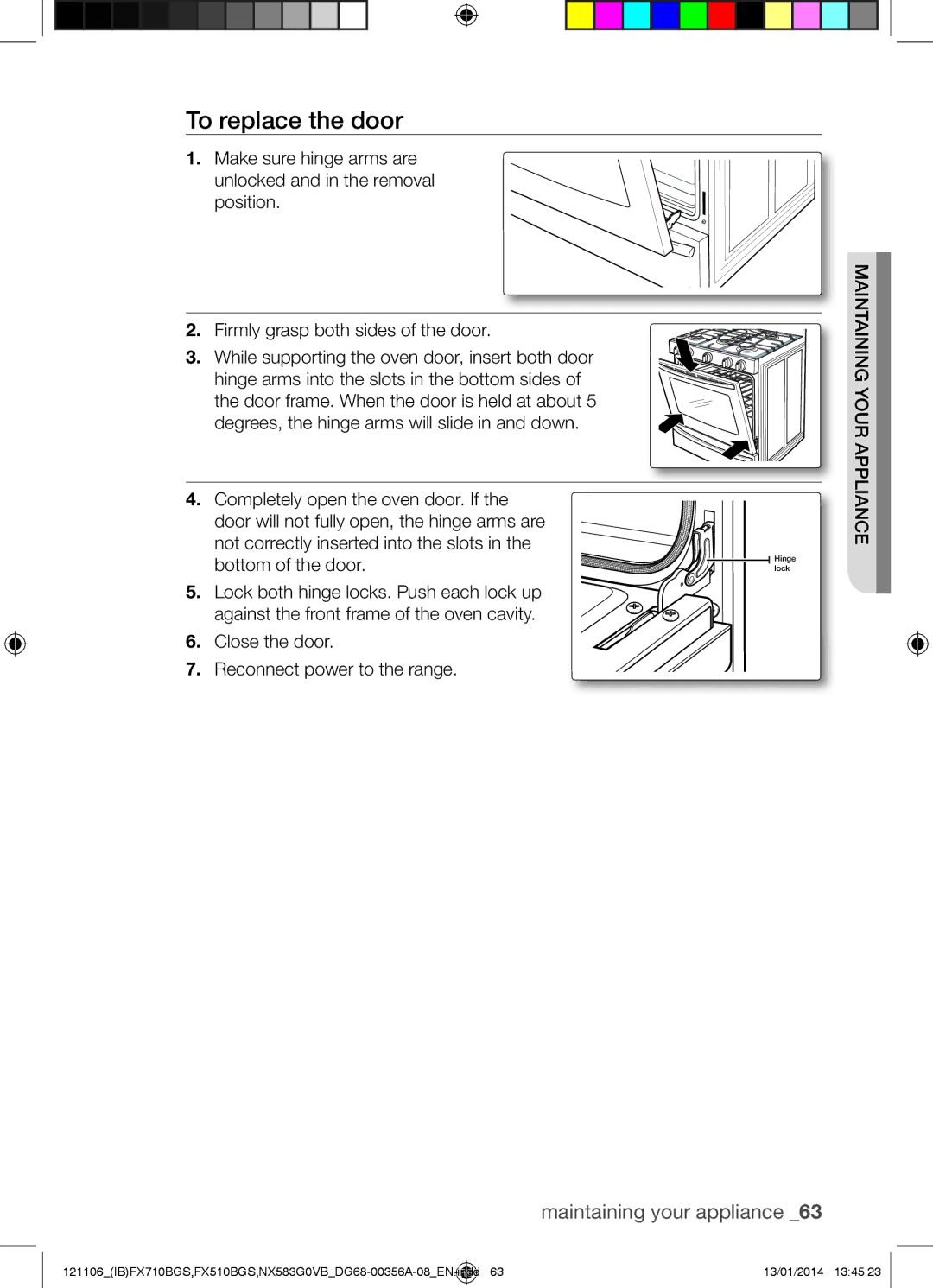 Samsung NX583G0VB user manual To replace the door, Position Firmly grasp both sides of the door 