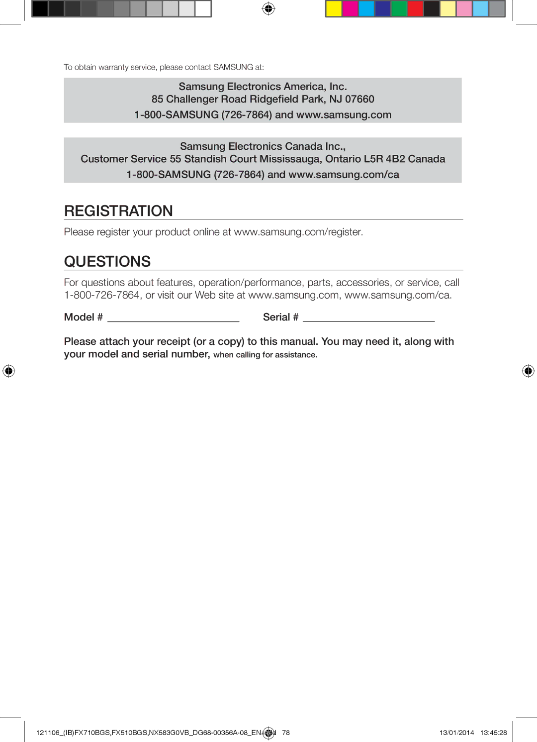 Samsung NX583G0VB user manual Registration Questions, Model # 