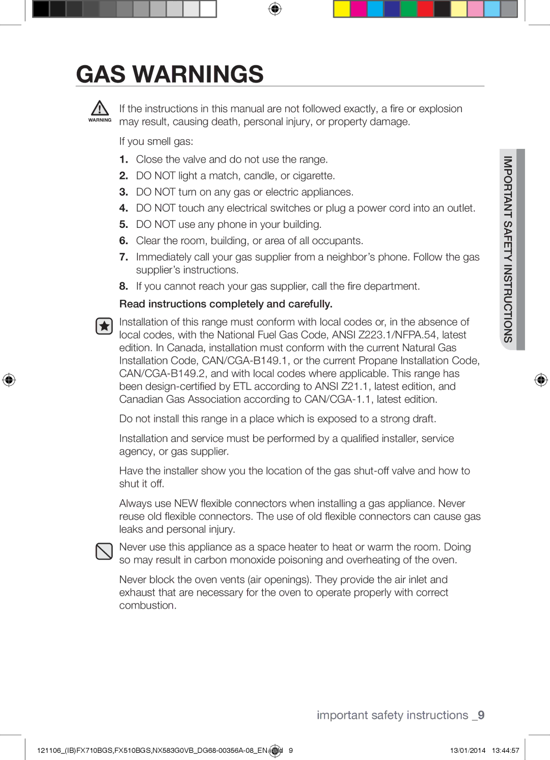 Samsung NX583G0VB user manual GAS Warnings 